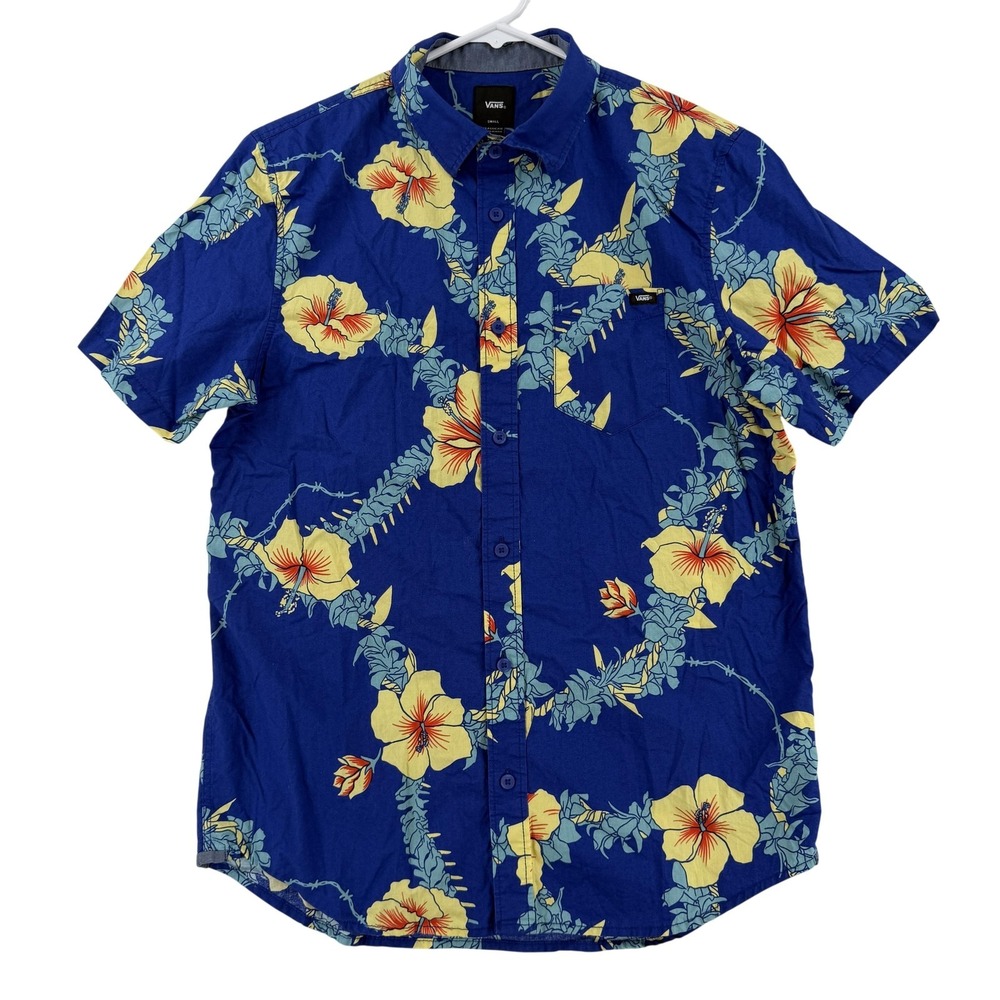 Vans Shirt‎ Mens Small Blue Floral Hawaiian Short Sleeve Button Up Surf Aloha